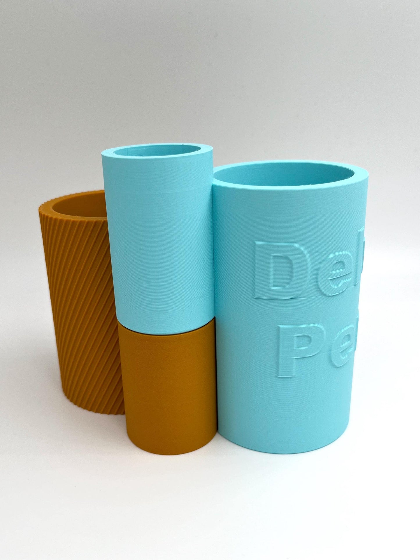 Colourful Pair of Interlocking pots to hold pens, pencils, brushes. Choose colours, textures and words for each pot.