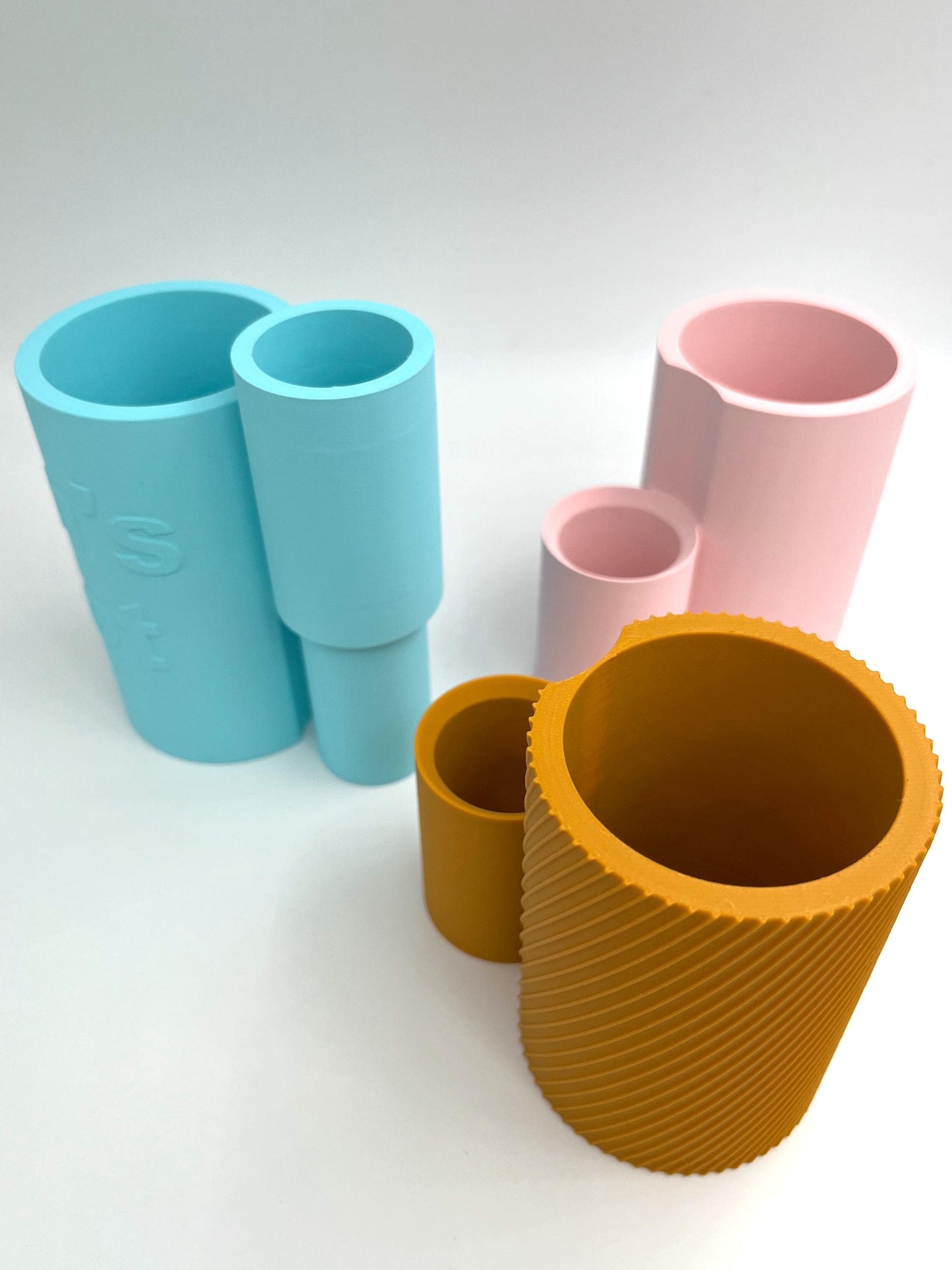Colourful Pair of Interlocking pots to hold pens, pencils, brushes. Choose colours, textures and words for each pot.