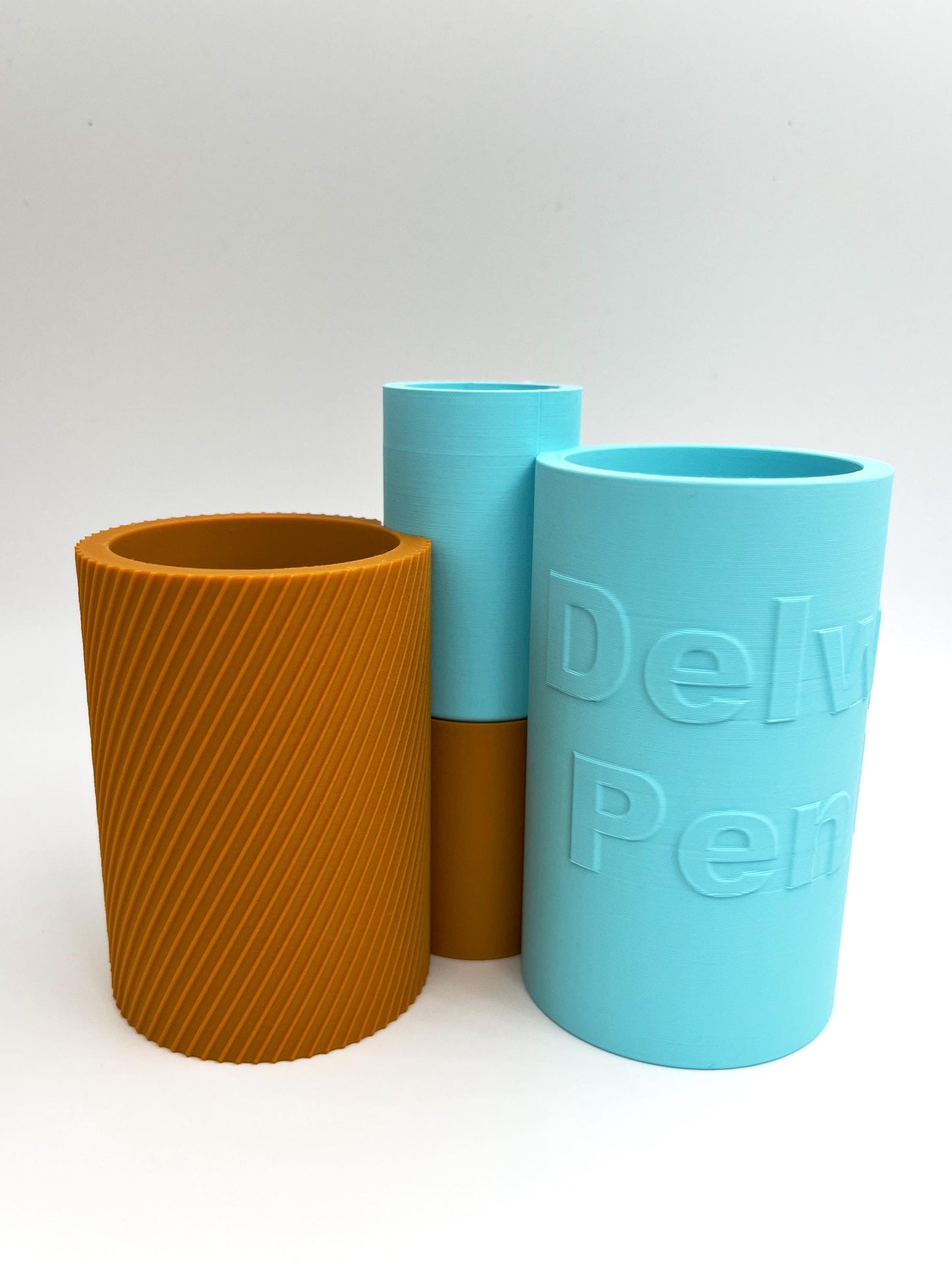 Colourful Pair of Interlocking pots to hold pens, pencils, brushes. Choose colours, textures and words for each pot.