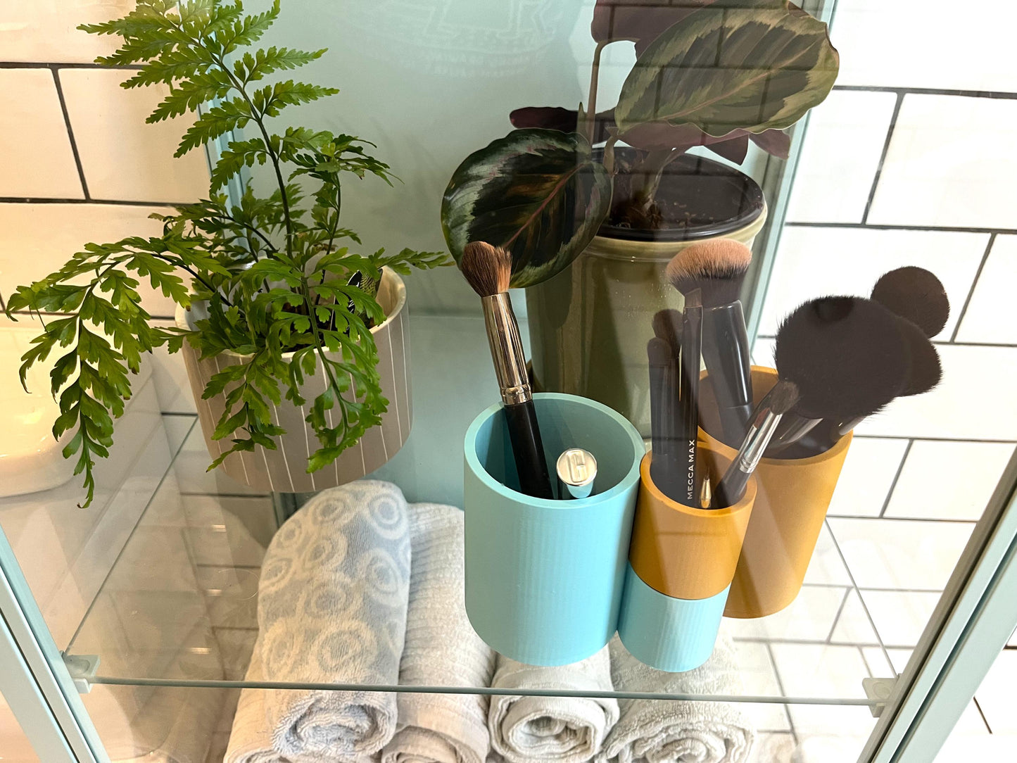 Colourful Pair of Interlocking pots to hold pens, pencils, brushes. Choose colours, textures and words for each pot.