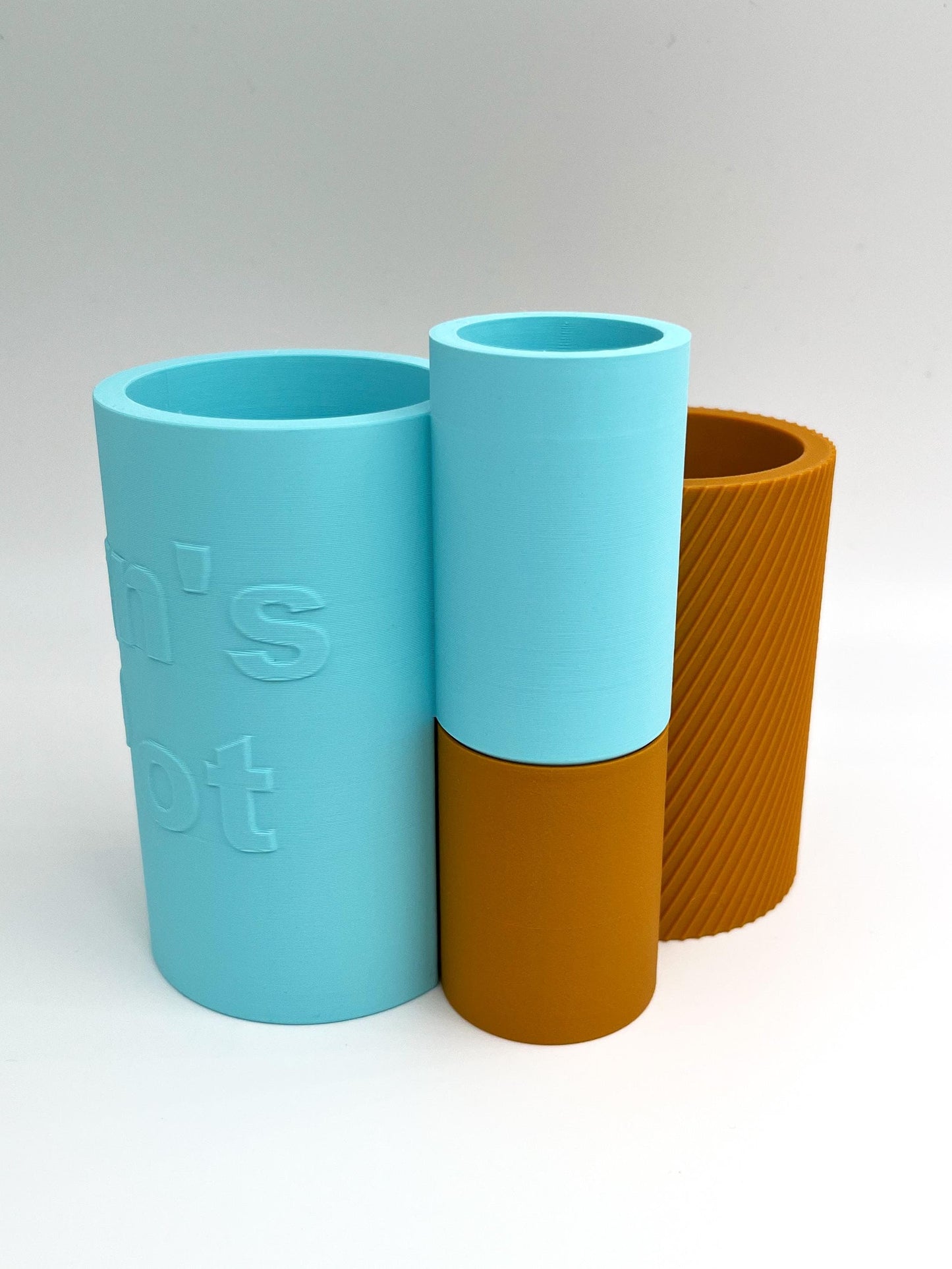 Colourful Pair of Interlocking pots to hold pens, pencils, brushes. Choose colours, textures and words for each pot.
